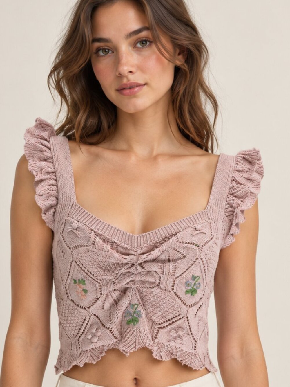 Zara Pink Crochet Crop Top Women's S Flutter Sleeve Floral Detail Open Knit